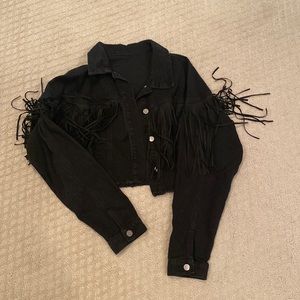Black Fringe Cropped Denim Jacket